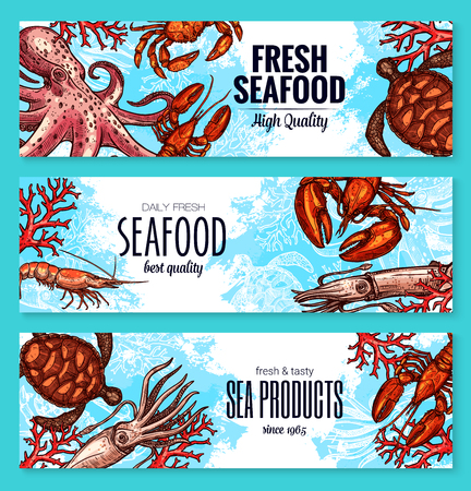 Vector seafood and fish sea product bannersのイラスト素材