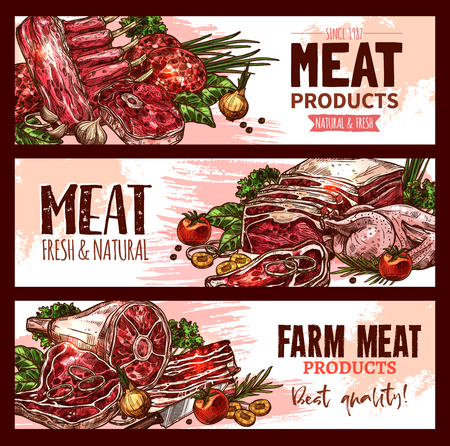 Butchery shop meat product banners set for farmer market.のイラスト素材