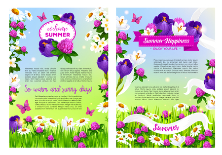 Welcome Summer posters set flowers bouquets and blooming summertime field of viola or iris blossoms, clover petals and daisy in flourish bloom, butterfly on summer grass meadow and flowery ribbonsのイラスト素材