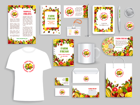 Fruit company corporate vector identity templates set of branding promo supplies icons of stationery, t-shirt apparel, business cards, flags or mugs and blanks with exotic tropical fruits designのイラスト素材