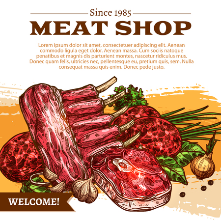 Meat shop poster of butchery products Vector designのイラスト素材