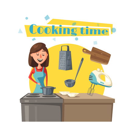 Housewife vector woman at kitchen cooking stoveのイラスト素材
