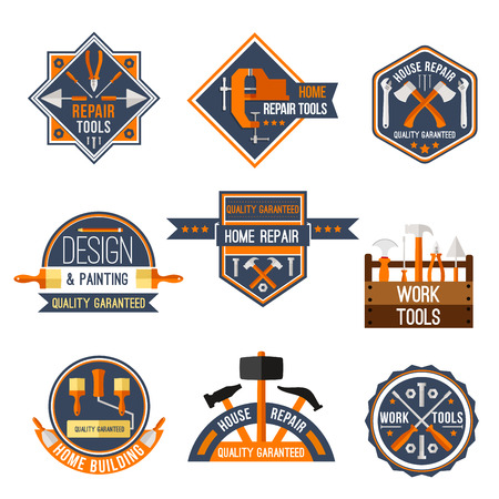 Home repair, carpentry and painting work tools vector icons set. Isolated labels of instruments toolbox with hammer, ruler or mallet and paint brush, screwdriver and drill or wrench spannerのイラスト素材