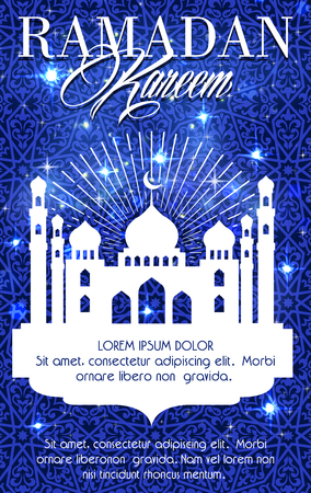 Ramadan Kareem greeting card or poster of blue mosque, crescent moon and twinkling star with Arabic ornate text calligraphy for Islam Muslim religious Ramadan holiday celebrationのイラスト素材