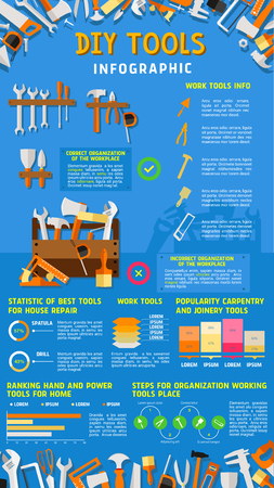 Do it yourself DIY work tools infographics. Vector design of home repair and carpentry instruments statistics, diagrams and chart elements on tools percent share for painting and house designingのイラスト素材