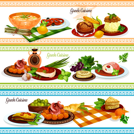Greek cuisine traditional food banner set of eggplant cheese casserole moussaka, pickled olive fruit, meat roll with cheese, pita bread, fried fish, squid ring in wine sauce, chicken stew, honey cakeのイラスト素材