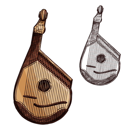 Ukrainian musical instrument bandura isolated sketch. Bandura or kobza, plucked string folk instrument of ukrainian music for ethnic musical festival and concert poster designのイラスト素材