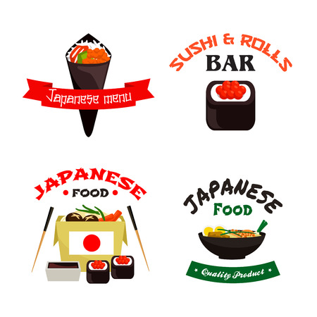 Japanese and asian food isolated icon set. Sushi roll and temaki sushi with rice, fish, seafood noodle in takeaway paper box with chopsticks, soy sauce and shrimp soup for japanese cuisine designのイラスト素材