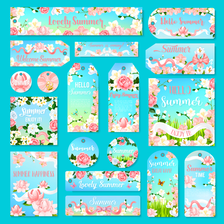 Flower gift tag and label set with summer bouquetのイラスト素材