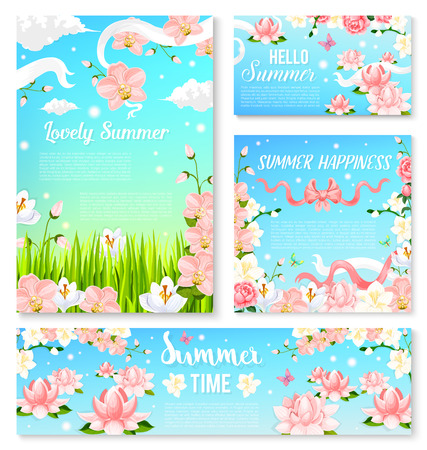 Summer time flowers banner and poster template set. Blooming flowers of orchid, lily and jasmine branches against blue sky with ribbon, bow and butterfly for summer season holiday greeting card designのイラスト素材