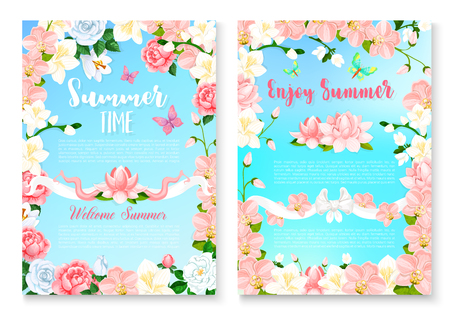 Summer season greeting card set with flower frameのイラスト素材