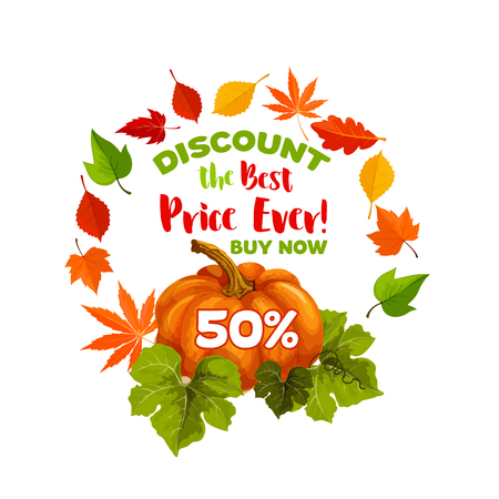 Autumn sale 50 percent discount poster of pumpkin and September tree foliage of maple, oak acorn or elm and poplar or aspen falling leaves and autumn harvest for seasonal shoppingのイラスト素材