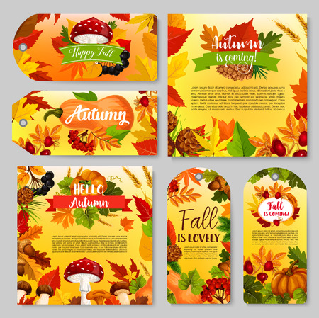 Autumn holiday gift tag and Thanksgiving Day poster set. Fall season leaf, pumpkin vegetable, orange foliage of maple, forest mushroom, acorn, berry and pine cone for autumn harvest celebration designのイラスト素材