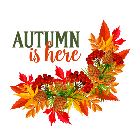 Autumn is here quote and foliage wreath of maple, birch or rowan berry harvest, oak acorn or elm and aspen tree leaf. Vector pine or fir cone design for seasonal autumn greeting card or holiday posterのイラスト素材