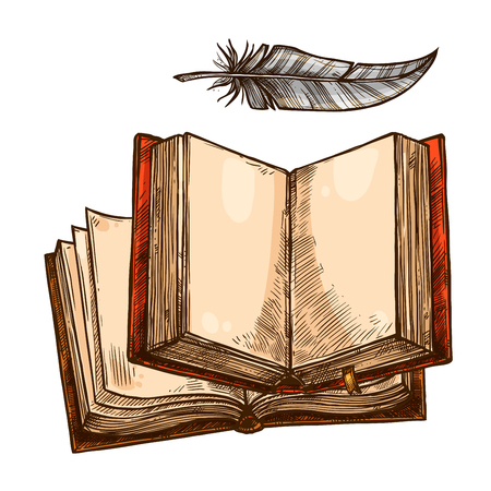 Open book and feather pen sketch with copy spaceのイラスト素材