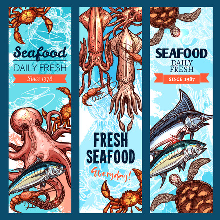 Seafood and fish market banner set with sea animalのイラスト素材