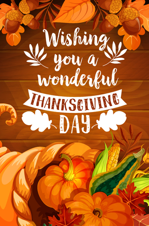 Thanksgiving cornucopia on wood background posterのイラスト素材