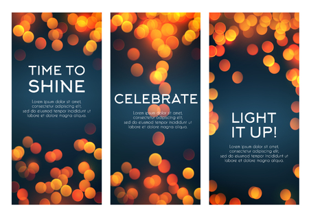 Greeting banners templates of shining light and sparkling blur for celebration holiday, birthday or wedding love moments. Vector quotes set with glowing golden sparkles and defocused lightsのイラスト素材