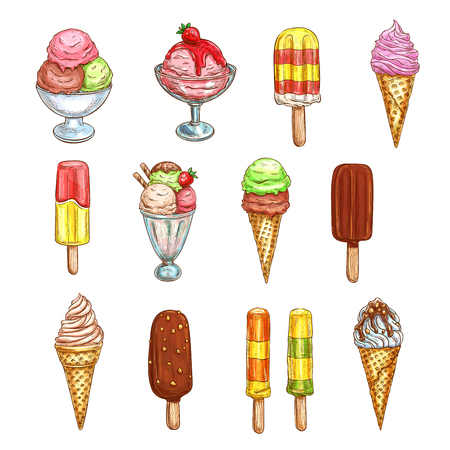 Ice cream sketch icons. Vector isolated frozen desserts set, fruit sorbet ice cream scoops in wafer cone, gelato bowls in chocolate fondant or caramel glaze, sundae eskimo for cafeteria or gelateriaのイラスト素材