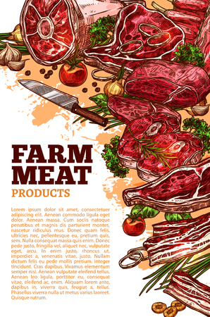 Farm fresh meat poster template for butchery shop or farmer market. Vector meat products of beef loin or tenderloin filet, mutton ribs or steak and pork meaty ham brisket productsのイラスト素材