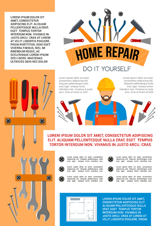 Home repair work tools and do it yourself toolbox poster for house construction or renovation. Vector handyman or carpenter grinder plane, building hammer, drill or ruler and screwdriver and spannerのイラスト素材