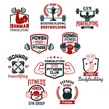 Gym icons for bodybuilding or powerlifting sport club. Vector isolated badges set of iron barbells or dumbbells in muscleman biceps hand, ribbons, stars and ironman bodybuilder winner cup prizeのイラスト素材