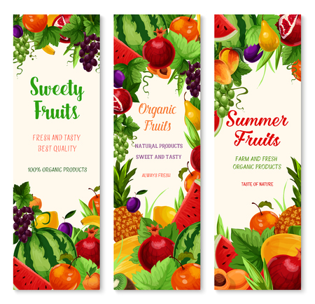 Fresh fruits banners for summer farm fruit market. Vector set of exotic pineapple, garden apple or watermelon and melon, or papaya and avocado, apricot or pear and plum fruit harvestのイラスト素材