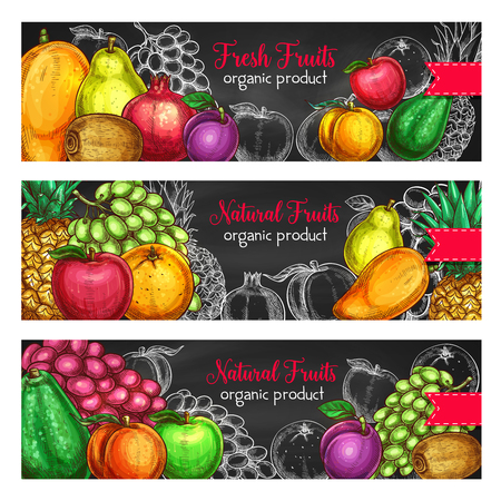 Fruits banners for fresh organic product or fruit farm market. Vector set of exotic pineapple, mango or papaya and farm garden apple, watermelon or melon and avocado, apricot or pear garden harvestのイラスト素材