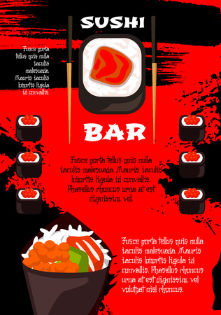 Sushi bar poster vector template design of salmon or philadelphia sushi rolls, seafood noodles or miso soup and eel unagi on steamed rice, tempura shrimp and chopsticks for Japanese restaurant menuのイラスト素材