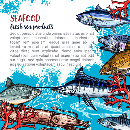 Seafood and fish food products posters template for fish and sea food market. Vector design of fresh marlin, octopus or flounder, salmon or tuna and prawn shrimp, lobster crab or squid and trout catchのイラスト素材