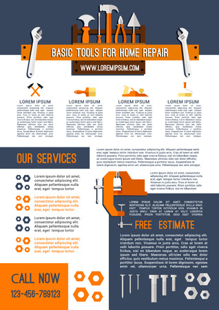 Home repair service poster template of handyman work tools. Vector construction toolbox of woodwork grinder plane and saw, carpentry hammer or screwdriver and drill, plastering trowel and paint brushのイラスト素材