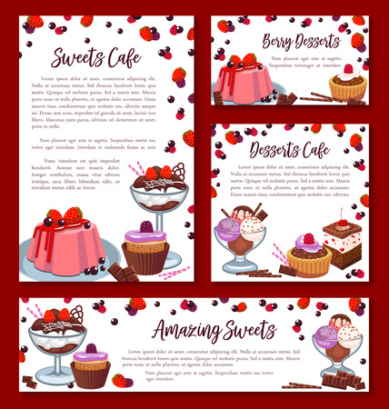 Pastry baked desserts banners or posters templates for bakery shop or patisserie cafe. Vector design of chocolate biscuits or brownie and tiramisu cakes, fruit pies and sweet puddings or ice creamのイラスト素材