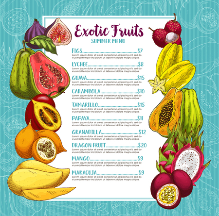 Exotic tropical fruits summer menu. Vector price template of figs, lychee or guava and carambola starfruit, tamarillo or papaya and granadilla, dragon fruit or mango and maracuja for fruit marketのイラスト素材