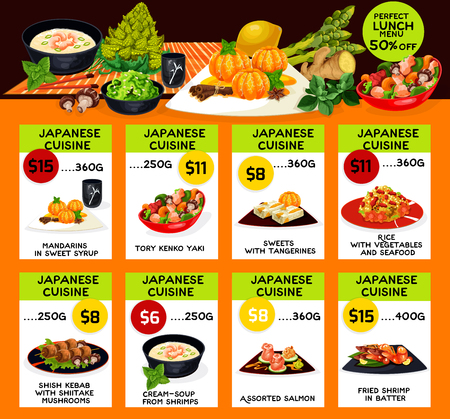 Japanese cuisine restaurant menu template. Vector lunch offer for sweet syrup tangerine, tory kenko yako or seafood and vegetable rice, shish kebab in shiitake mushrooms, shrimps cream soup and salmonのイラスト素材