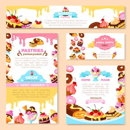 Bakery shop or pastry patisserie banners and posters templates set. Vector dessert cakes and pastry cupcakes, chocolate biscuits or brownie and tiramisu, fruit pies and puddings or ice cream for cafeのイラスト素材