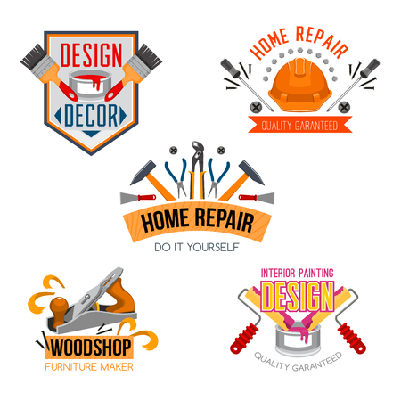 Work tools icons set for home design and house repair. Vector isolated symbols of paint brush, safety helmet or hammer and woodwork grinder plane, plastering rolls and rolls or screwdriver and toolboxのイラスト素材