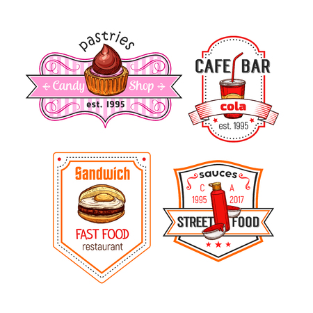 Fast food vector snack meal and desserts icons setのイラスト素材