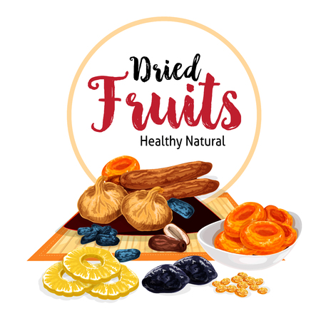 A Vector poster of dried fruits and dry fruit snacks on a plain background.のイラスト素材
