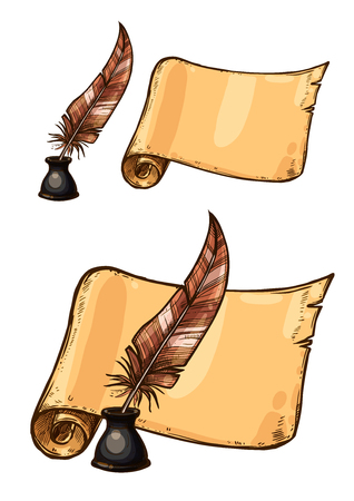 Vector old ink quill feather pen and manuscriptのイラスト素材