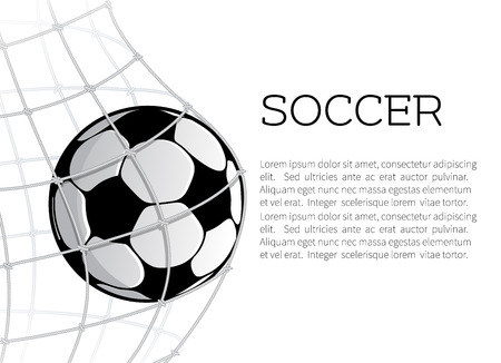 Soccer ball in the net of football gate on white background. Goal ball symbol for sport game banner, sporting equipment and soccer competition themes designのイラスト素材