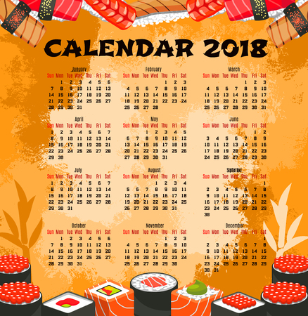 Calendar template of japanese cuisine sushi. Calendar with seafood roll and nigiri sushi with salmon fish, rice, tuna, shrimp, seaweed, wasabi and avocado for japanese food themes designのイラスト素材