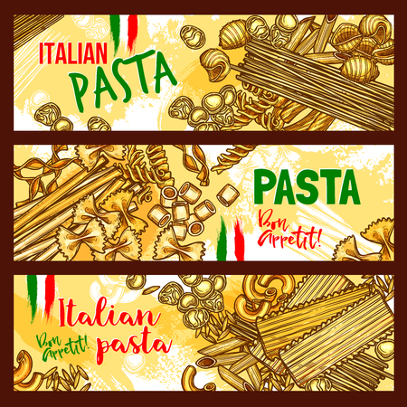 Pasta and italian cuisine banners. Italian pasta with spaghetti, penne, macaroni, farfalle and noodle, fusilli, ravioli, lasagna and orzo shapes with italian flag for mediterranean cuisine designのイラスト素材