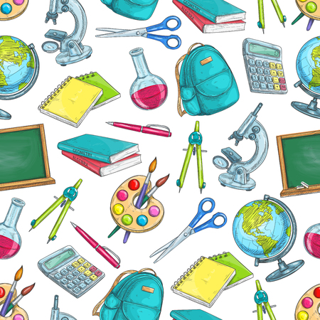 School education seamless pattern. Pencil and book, ruler and pen, globe and notebook, scissors, calculator, paint brush, microscope,backpack,blackboard sketches for back to school concept designのイラスト素材