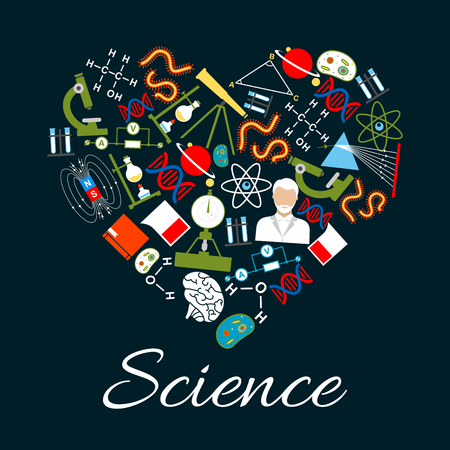 Heart made of science and research icons. We love science concept with microscope, atom, chemical laboratory test tube, DNA, gene, scientist, planet, magnet, telescope, book, formula and brain symbolsのイラスト素材
