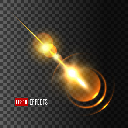 Glowing golden light effect of sun flash with rays and lens flare. Shine of star explosion with bright beam on transparent backgroundのイラスト素材