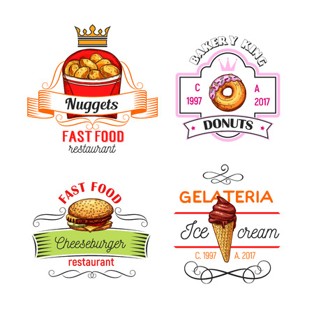Fast food restaurant, donut shop and ice cream cafe symbols or icons. Cheeseburger, glazed donut, chocolate ice cream cone and chicken nuggets sketch symbol with ribbon banner and crownのイラスト素材