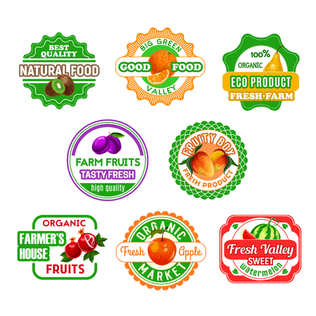 Fruit, farm product labels. Orange, apple, pear, watermelon, plum and kiwi, pomegranate fruit isolated cartoon symbol for natural juice, dessert and jam packaging, organic food designのイラスト素材