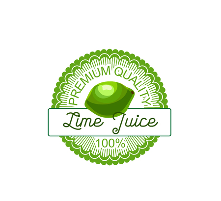 Lime fruit label of natural citrus juice. Fresh green lime or lemon round badge for vitamin drink, jam or dessert packaging, vegetarian food and organic farm symbol designのイラスト素材