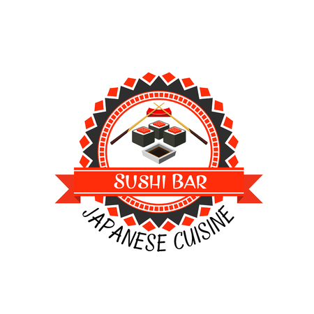 Sushi bar label of japanese cuisine. Seafood sushi roll with rice, seaweed nori and red caviar, chopsticks and soy sauce round badge with ribbon banner for asian food themes designのイラスト素材