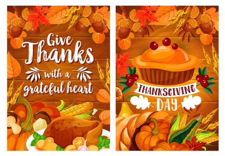 Thanksgiving dinner poster set with turkey and pieのイラスト素材